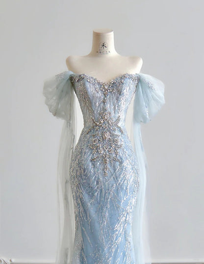 Modest Blue Mermaid Wedding Dress Tulle Off-the-Shoulder Beaded Sequin Evening Dress  ED03985
