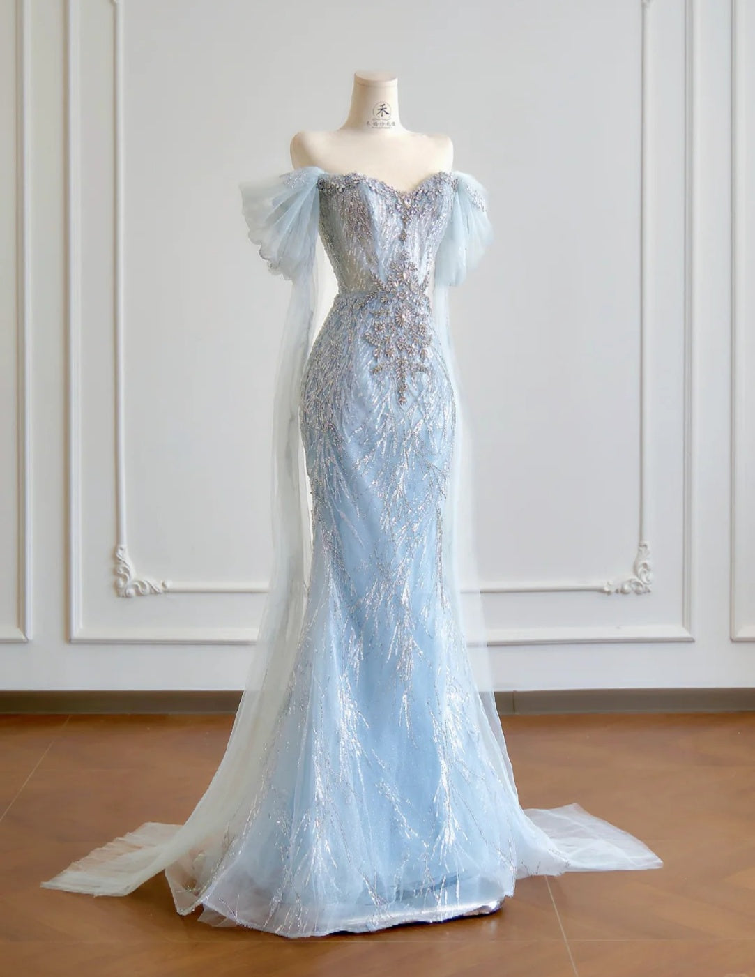 Blue Mermaid Wedding Dress Tulle Off-the-Shoulder Beaded Sequin Evening Dress HZ1024