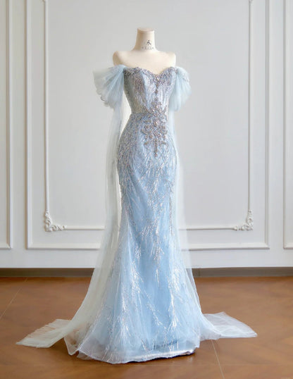 Modest Blue Mermaid Wedding Dress Tulle Off-the-Shoulder Beaded Sequin Evening Dress  ED03985
