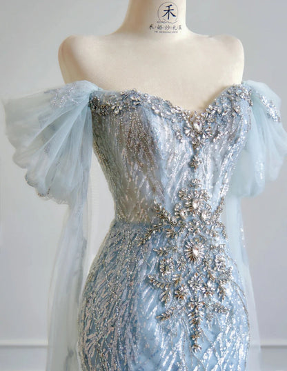 Blue Mermaid Wedding Dress Tulle Off-the-Shoulder Beaded Sequin Evening Dress HZ1024