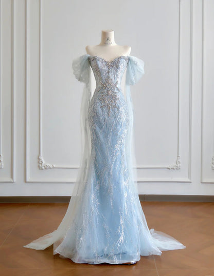 Modest Blue Mermaid Wedding Dress Tulle Off-the-Shoulder Beaded Sequin Evening Dress  ED03985