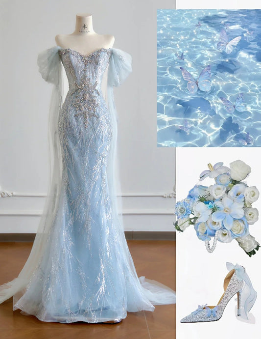 Modest Blue Mermaid Wedding Dress Tulle Off-the-Shoulder Beaded Sequin Evening Dress  ED03985