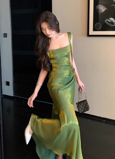 Elegant Mermaid Satin Square Neck Green Formal Party Dress Sweet Birthday Dress  ED03990