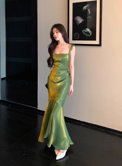 Elegant Mermaid Satin Square Neck Green Formal Party Dress Sweet Birthday Dress  ED03990