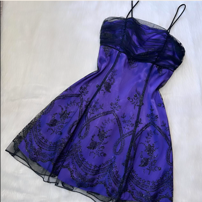A-Line Spaghetti Strap Tulle Short Prom Dress Purple Satin Homecoming Dresses HZ1024