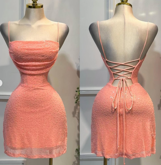 Spaghetti Strap Sheath Tulle Beaded Homecoming Dresses, Coral Short Backless Prom Dress HZ1024