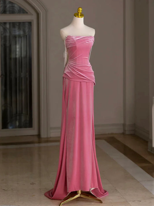 Mermaid Velvet Beads Pink Long Prom Dress, Pink Long Formal Dress ED039