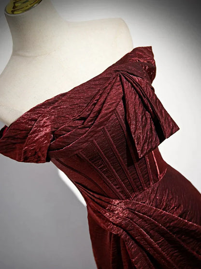 Off Shoulder Burgundy Long Prom Dress, Burgundy Long Formal Dress HZ1024