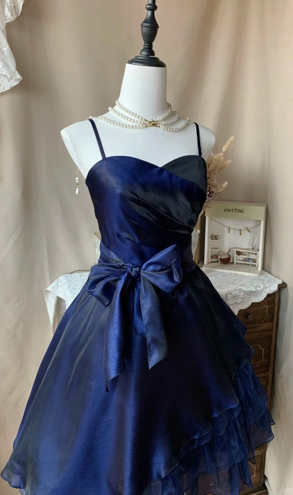 Vintage Spaghetti Strap A-Line Short Prom Dresses Tulle Homecoming Dresses Navy Blue Birthday Dresses ED04003