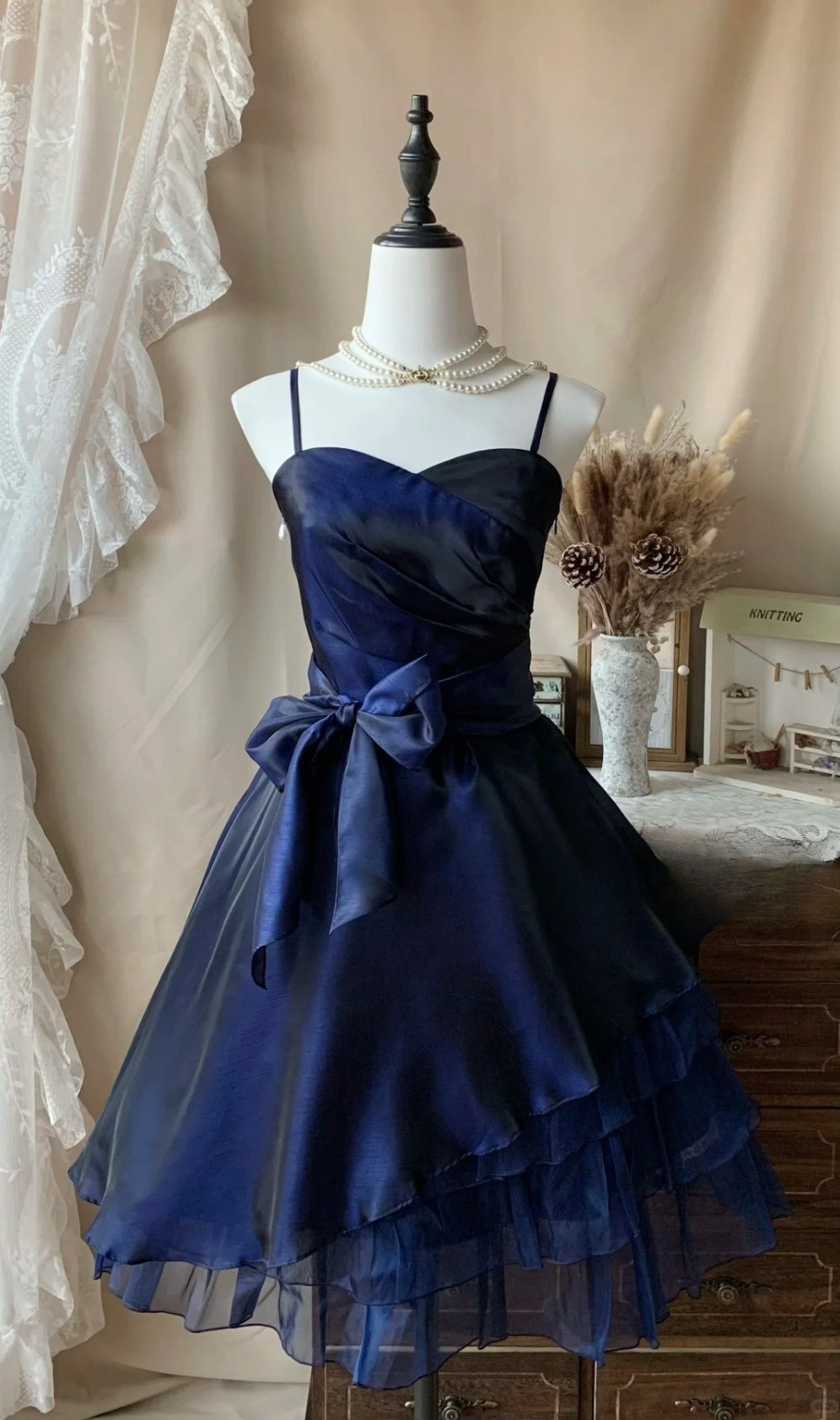 Vintage Spaghetti Strap A-Line Short Prom Dresses Tulle Homecoming Dresses Navy Blue Birthday Dresses ED04003