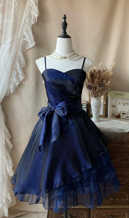 Vintage Spaghetti Strap A-Line Short Prom Dresses Tulle Homecoming Dresses Navy Blue Birthday Dresses ED04003
