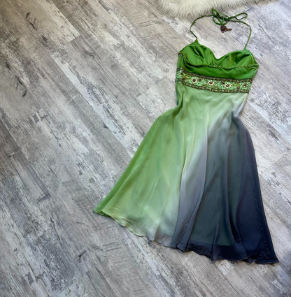 Vintage Sheath Short Prom Dresses Halter Chiffon Homecoming Dresses Beaded Green Birthday Dresses ED04007