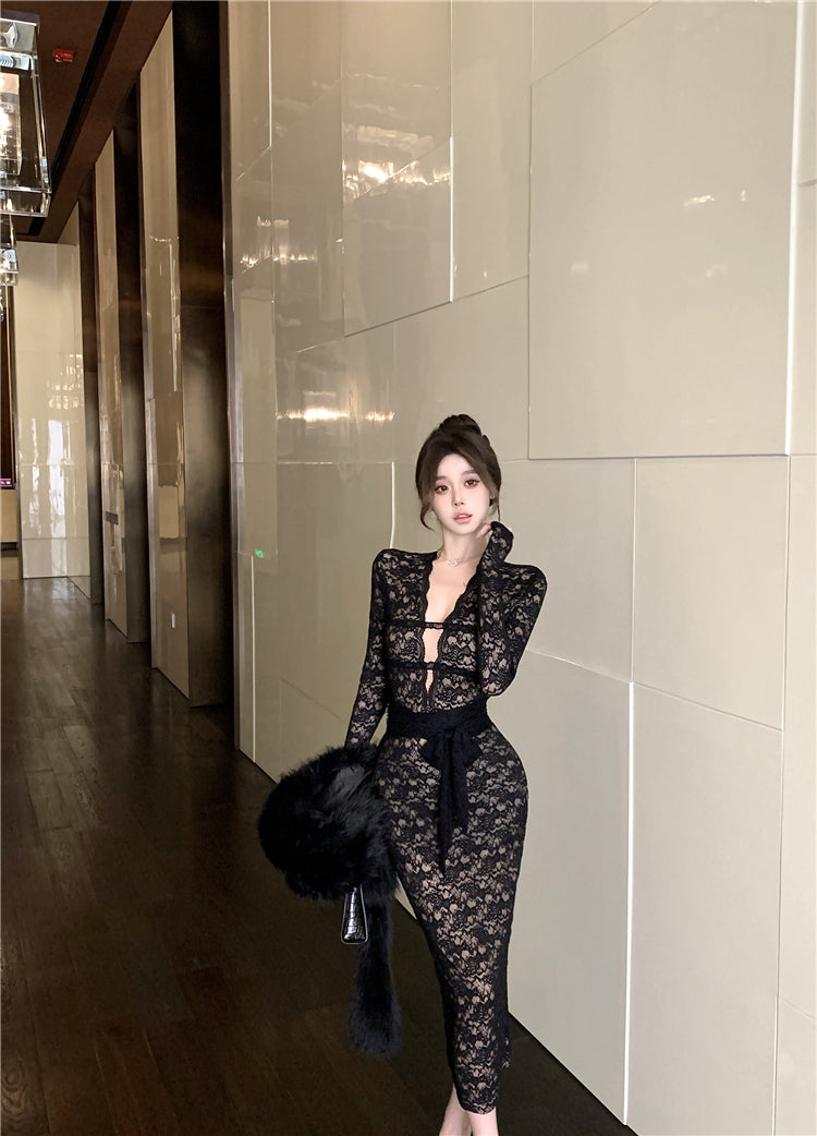 black lace long-sleeved slim-fit hip skirt HZ1024