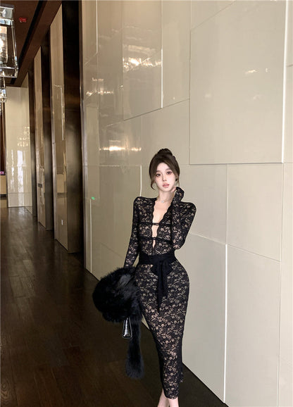 black lace long-sleeved slim-fit hip skirt HZ1024