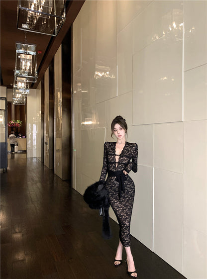 black lace long-sleeved slim-fit hip skirt HZ1024