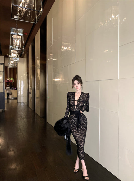 black lace long-sleeved slim-fit hip skirt HZ1024