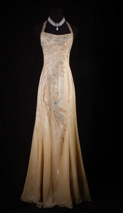 Halter Sheath Chiffon Beaded Long Prom Dress, Backless Formal Evening Dresses HZ1024
