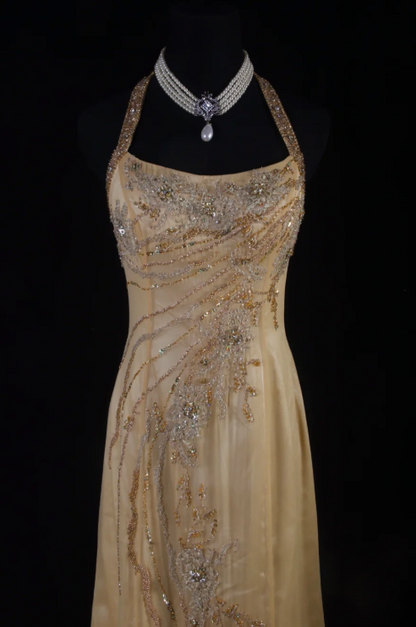 Vintage Halter Sheath Chiffon Beaded Long Prom Dress, Backless Formal Evening Dresses ED04018