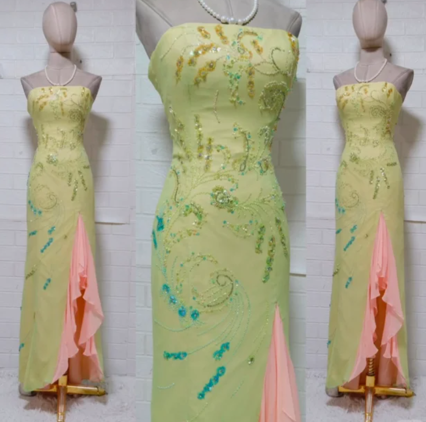 Vintage Strapless Sheath Beaded Chiffon Long Prom Dresses, Yellow Formal Evening Dresses ED04020