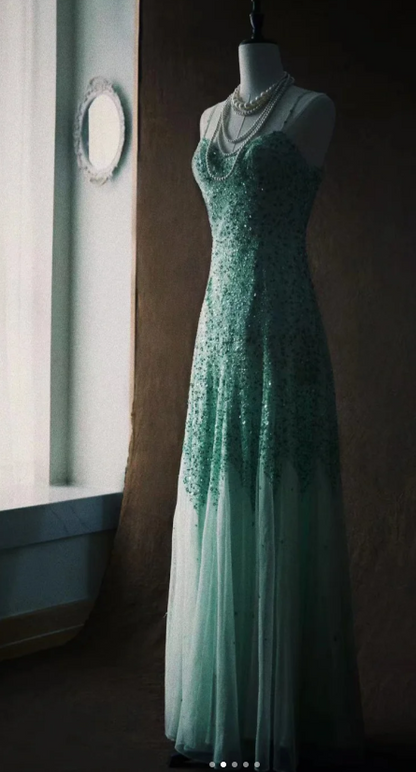 Vintage Spaghetti Straps Sheath Tulle Sequin Long Prom Dresses, Tiffany Blue Formal Evening Dresses ED04022