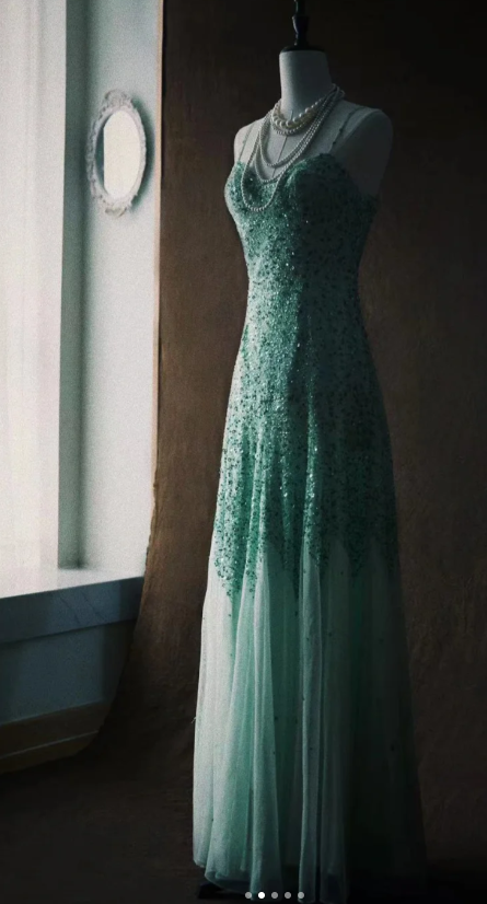 Vintage Spaghetti Straps Sheath Tulle Sequin Long Prom Dresses, Tiffany Blue Formal Evening Dresses ED04022