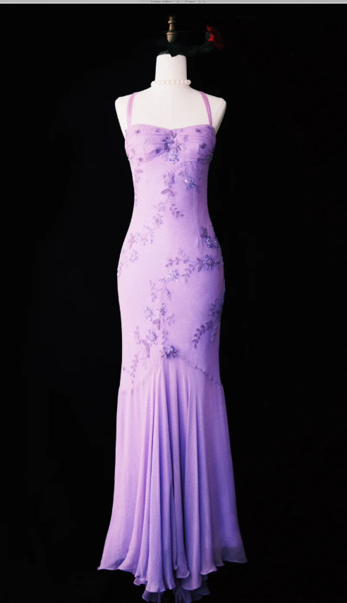 Vintage Halter Mermaid Long Prom Dresses, Chiffon Beaded Guest Dresses, Purple Formal Evening Dresses ED04024