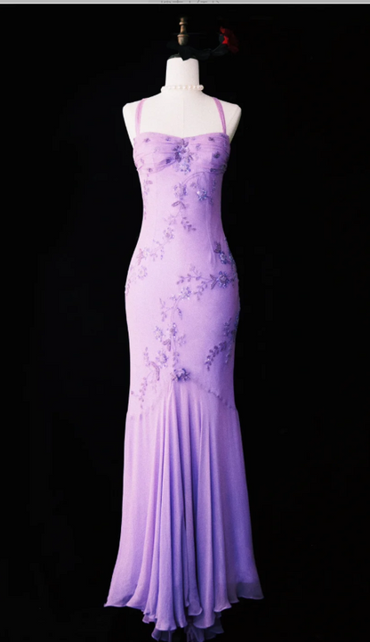 Vintage Halter Mermaid Long Prom Dresses, Chiffon Beaded Guest Dresses, Purple Formal Evening Dresses ED04024