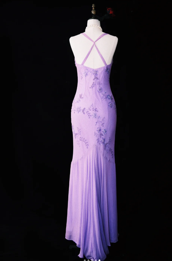 Vintage Halter Mermaid Long Prom Dresses, Chiffon Beaded Guest Dresses, Purple Formal Evening Dresses ED04024