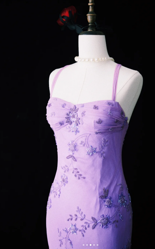 Vintage Halter Mermaid Long Prom Dresses, Chiffon Beaded Guest Dresses, Purple Formal Evening Dresses ED04024