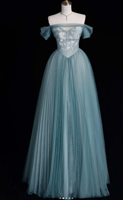 Sweet Off-the-shoulder A-Line Tulle Long Prom Dresses,Backless Formal Evening Dresses ED04029