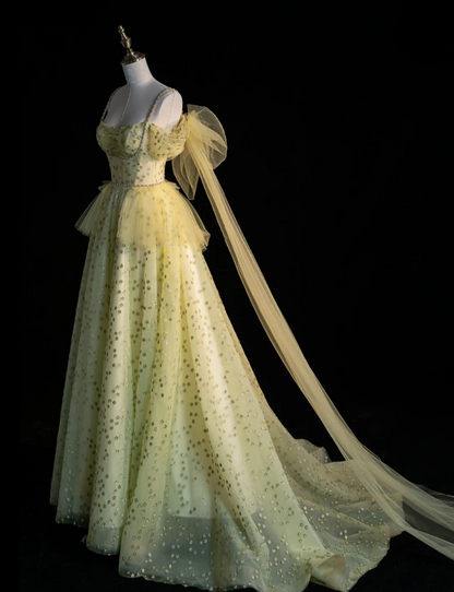 Sweet Spaghetti Strap Ball Gown Tulle Sequin Long Prom Dresses, Yellow Formal Evening Dresses ED04030