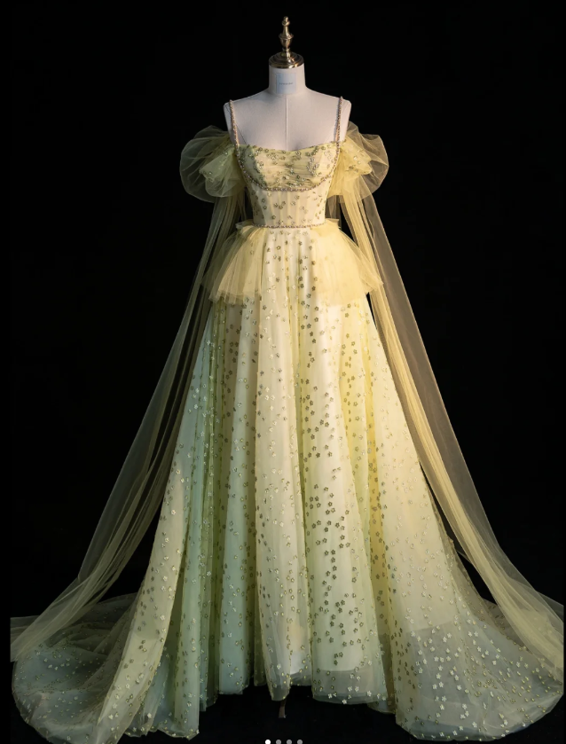 Sweet Spaghetti Strap Ball Gown Tulle Sequin Long Prom Dresses, Yellow Formal Evening Dresses ED04030