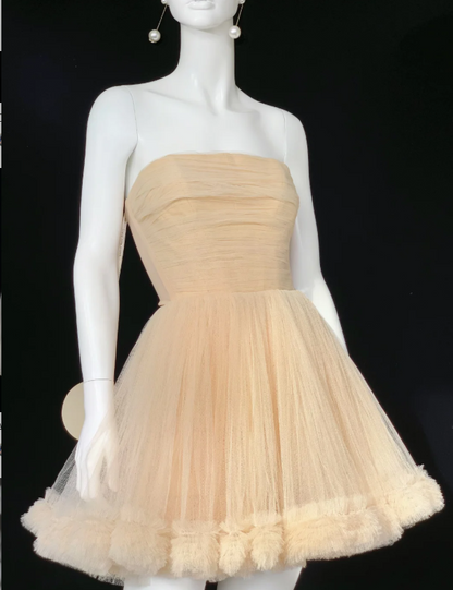 Sweet Strapless A-Line Tulle Short Prom Dresses, Light Champagne Homecoming Dresses ED04037