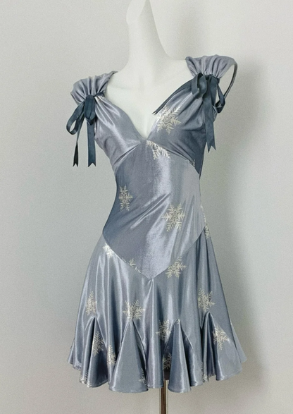 V neck Sheath Satin Short Prom Dresses, Gray Blue Homecoming Dresses HZ1024