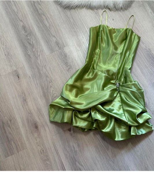 Spaghetti Strap Ball Gown Satin Homecoming Dresses, Green Fairy Short Prom Dresses HZ1024