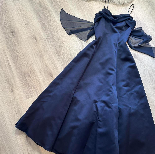 Vintage Sheath Satin Navy Blue Formal Evening Dress,Spaghetti Straps Long Prom Dresses ED04061