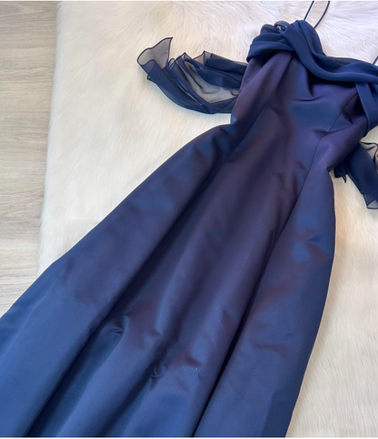 Vintage Sheath Satin Navy Blue Formal Evening Dress,Spaghetti Straps Long Prom Dresses ED04061