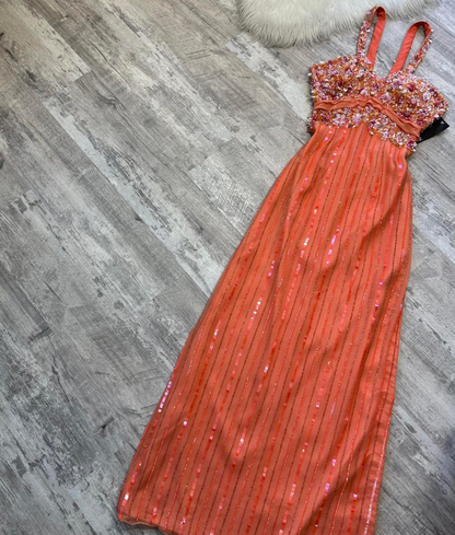 Vintage Sheath Chiffon Orange Formal Evening Dress,Spaghetti Straps Beaded Sequins Long  Backless Prom Dresses ED04062