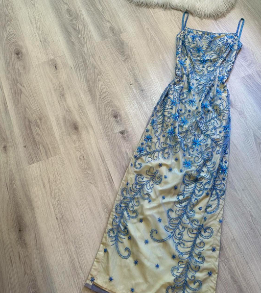 Vintage Elegant Sheath Chiffon Beaded Long Prom Dresses, Spaghetti Straps Formal Evening Dress ED04065