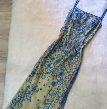 Vintage Elegant Sheath Chiffon Beaded Long Prom Dresses, Spaghetti Straps Formal Evening Dress ED04065