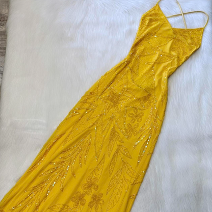 Vintage Gorgeous Sheath Chiffon Beaded Long Prom Dresses, V-neck Yellow Backless Formal Evening Dress ED04066