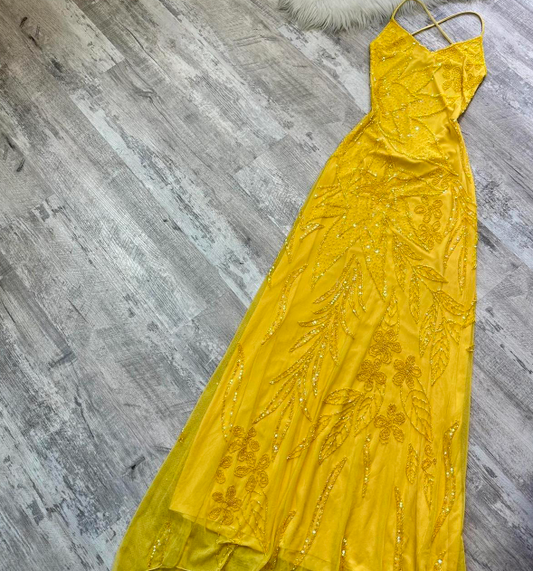 Vintage Gorgeous Sheath Chiffon Beaded Long Prom Dresses, V-neck Yellow Backless Formal Evening Dress ED04066