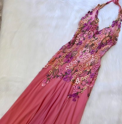 Elegant Hot Pink Sheath Chiffon Long Prom Dresses, Halter Neck Backless Evening Dress ED04068