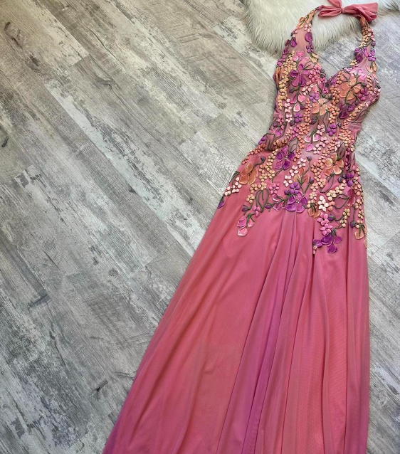 Hot Pink Sheath Chiffon Long Prom Dresses, Halter Neck Backless Evening Dress HZ1024