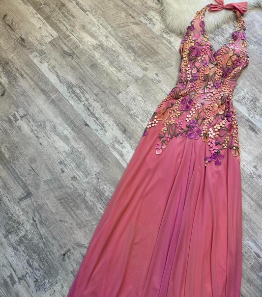 Elegant Hot Pink Sheath Chiffon Long Prom Dresses, Halter Neck Backless Evening Dress ED04068