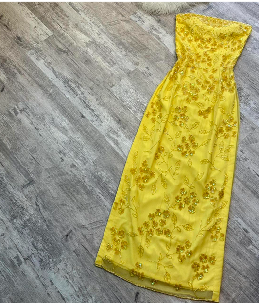 Yellow Sheath Chiffon Beaded Long Prom Dresses, Strapless Y2K Evening Dresses HZ1024