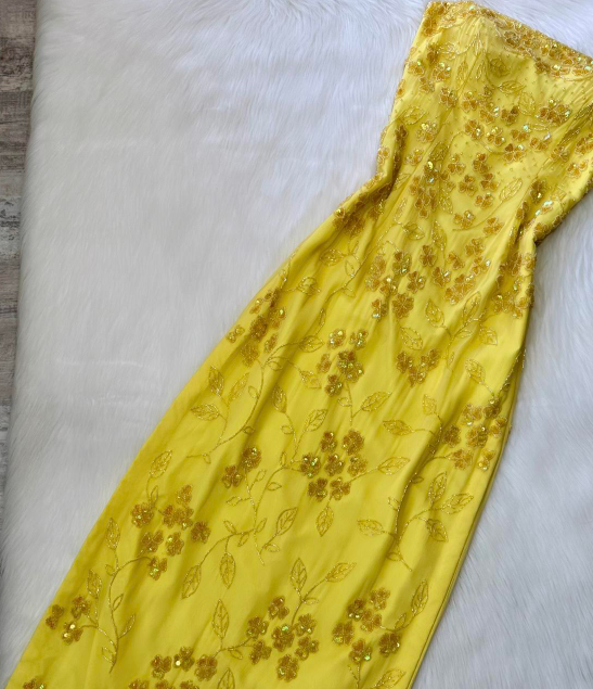 Gorgeous Yellow Sheath Chiffon Beaded Long Prom Dresses, Strapless Y2K Evening Dresses ED04069