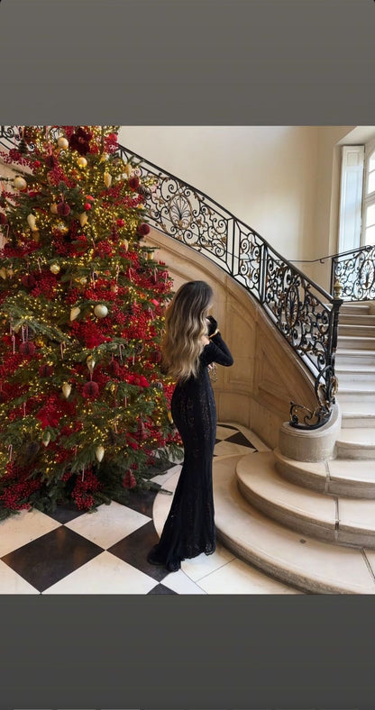 Elegant Mermaid Off-the-shoulder Lace Christmas Prom Dress Long Sleeve Black Formal Evening Dress ED04075