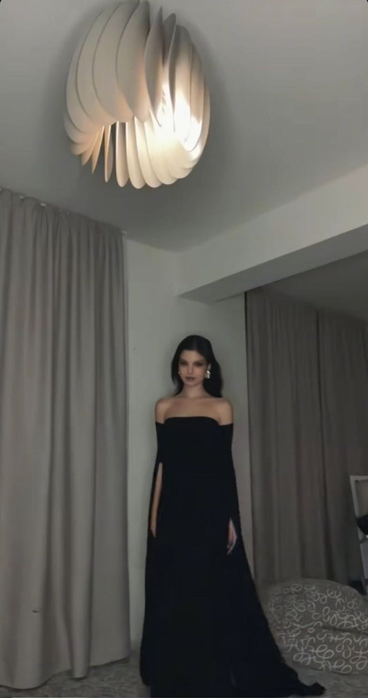 Elegant Mermaid Off-the-shoulder Chiffon Birthday Prom Dress Long Sleeve Black Formal Evening Dress ED04076