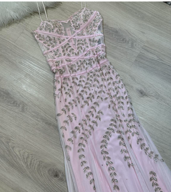 Vintage Sheath Spaghetti Strap Beaded Birthday Party Dress Pink Formal Evening Dress ED04077